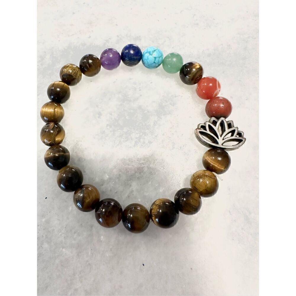NWOT 7 Chakras Natural Healing Stone Lotus Charm Beaded Bracelet Semiprecious St